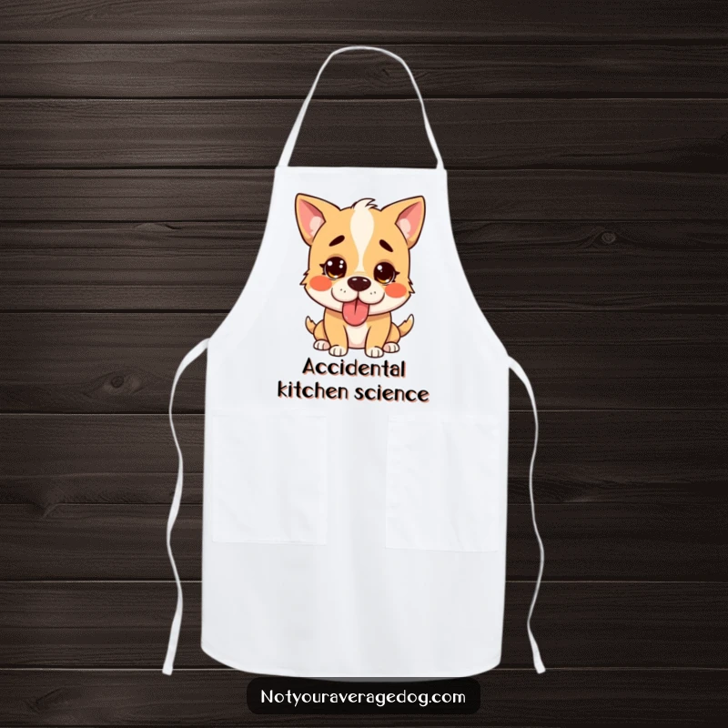 Funny confused dog apron, a silly dog with tongue out, looking confused, great for kitchen humor.