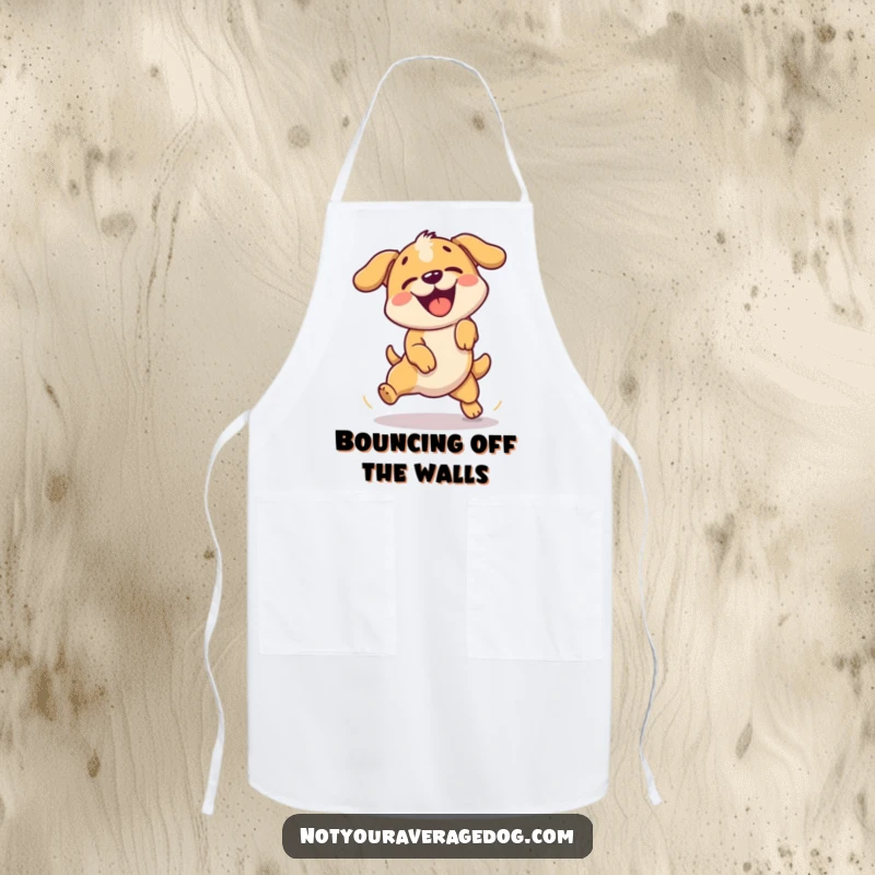 Funny apron showing a dog enthusiastically failing a simple jump while cooking.
