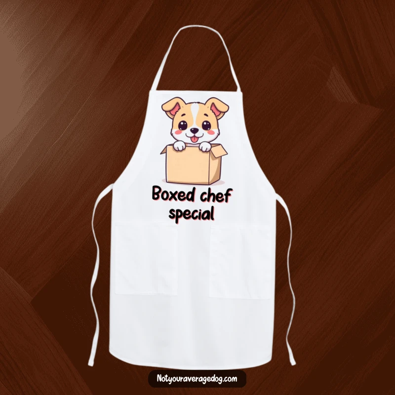 Funny apron with a dog’s head popping out of a comically small box, adding humor to your cooking endeavors.