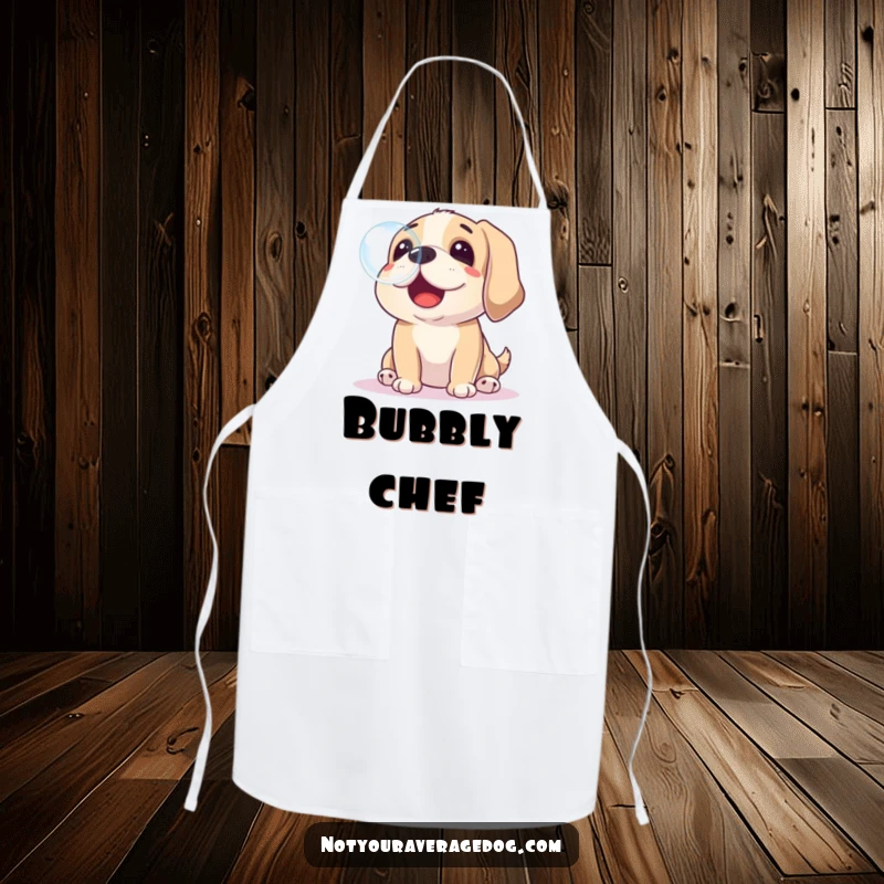 Funny kitchen apron with a dog playfully trying to catch a soap bubble with its nose, designed for cooks who enjoy humor.
