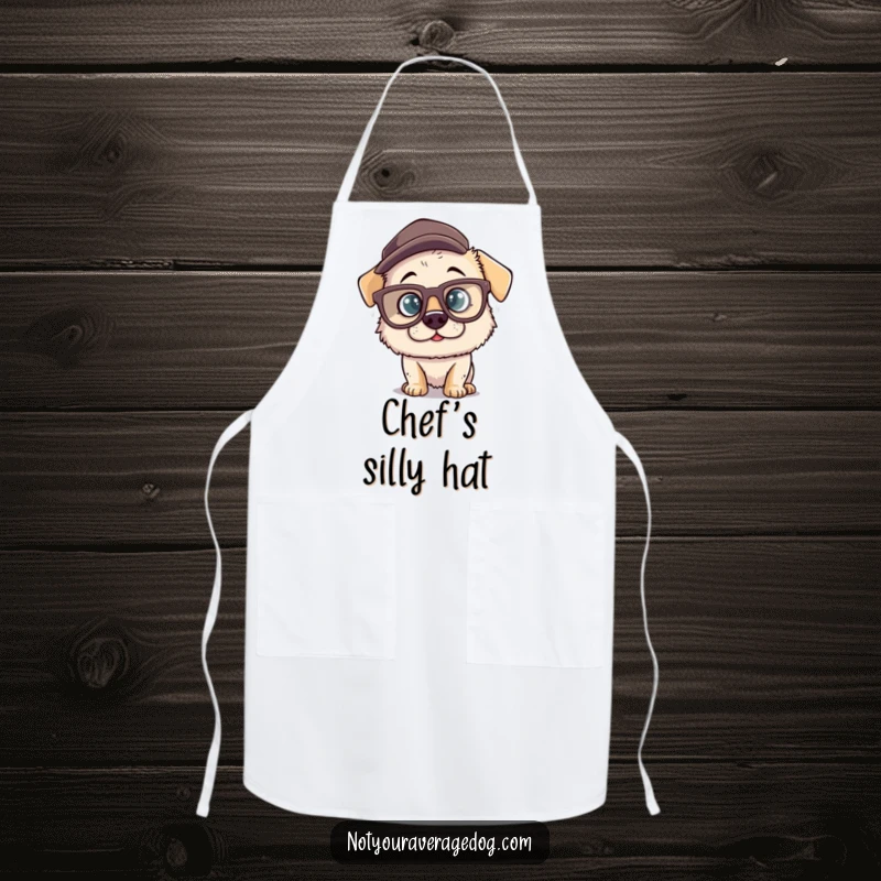 Funny apron designed with a silly dog character wearing oversized comical glasses and a misplaced hat, perfect for comedic kitchen adventures.