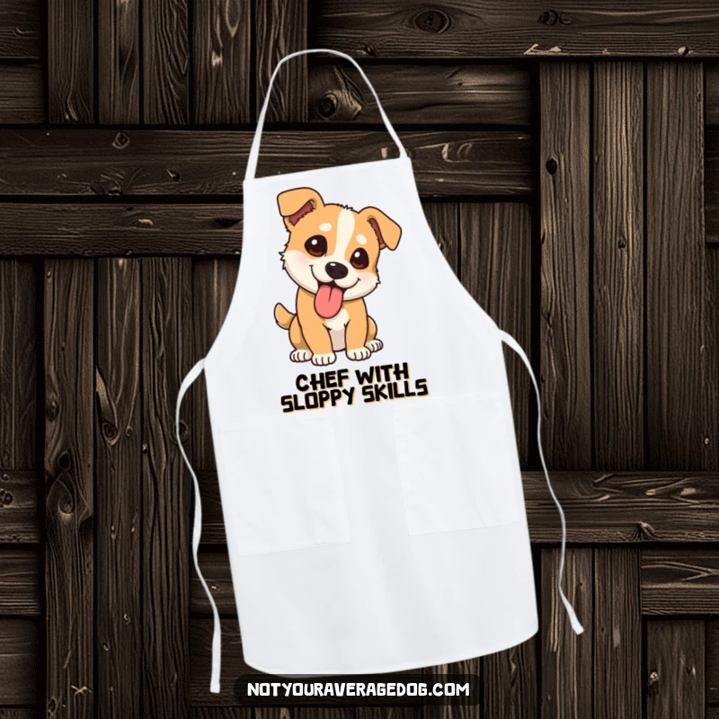 Funny dog apron with tongue lolling out at a comical angle, perfect for adding humor to cooking and kitchen activities.
