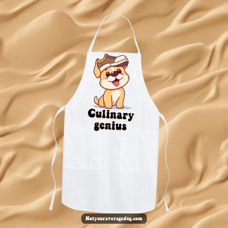 Funny apron with a dog determinedly trying to wear a shoe as a hat, perfect for the humorous cook.
