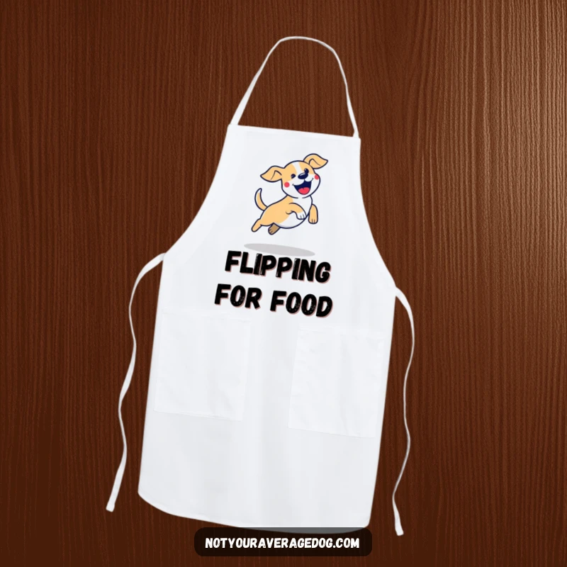 Funny dog jump apron showing a stylized dog silhouette in a clumsy, excited leap, perfect for kitchen fun and energy.