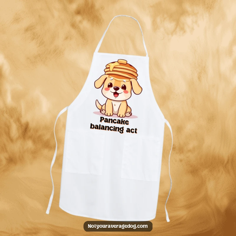Funny apron with a dog hilariously balancing a stack of pancakes on its head, bringing breakfast fun to cooking.