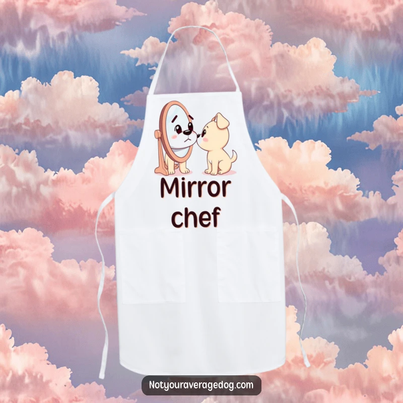 Funny apron with a dog looking confusedly at a mirror, as if meeting a silly stranger, ideal for the humorous cook.