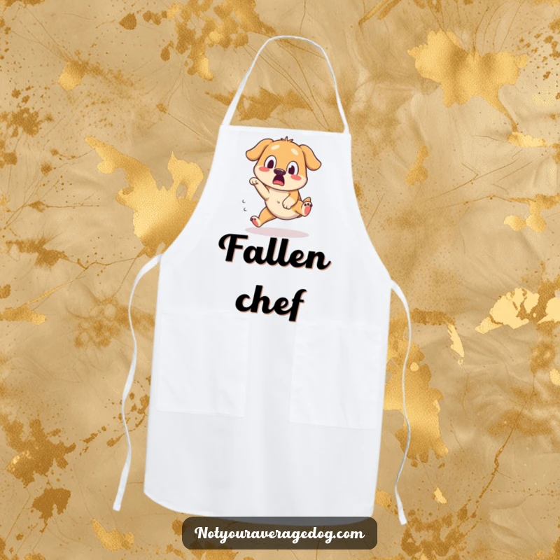 Funny apron with a dog tripping over its feet, displaying a surprised and silly expression, ideal for the humorous cook.