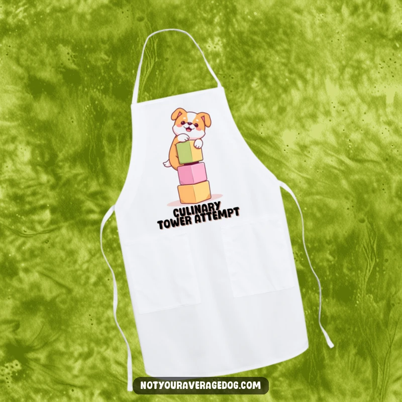 Funny apron depicting a dog comically balancing a tower of wobbly cubes while in the kitchen, ready for culinary fun.