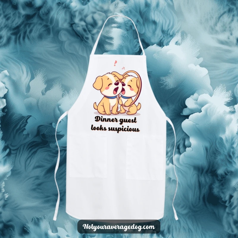 Funny apron featuring a dog hilariously confused by its own reflection, perfect for the cooking enthusiast who enjoys humor.