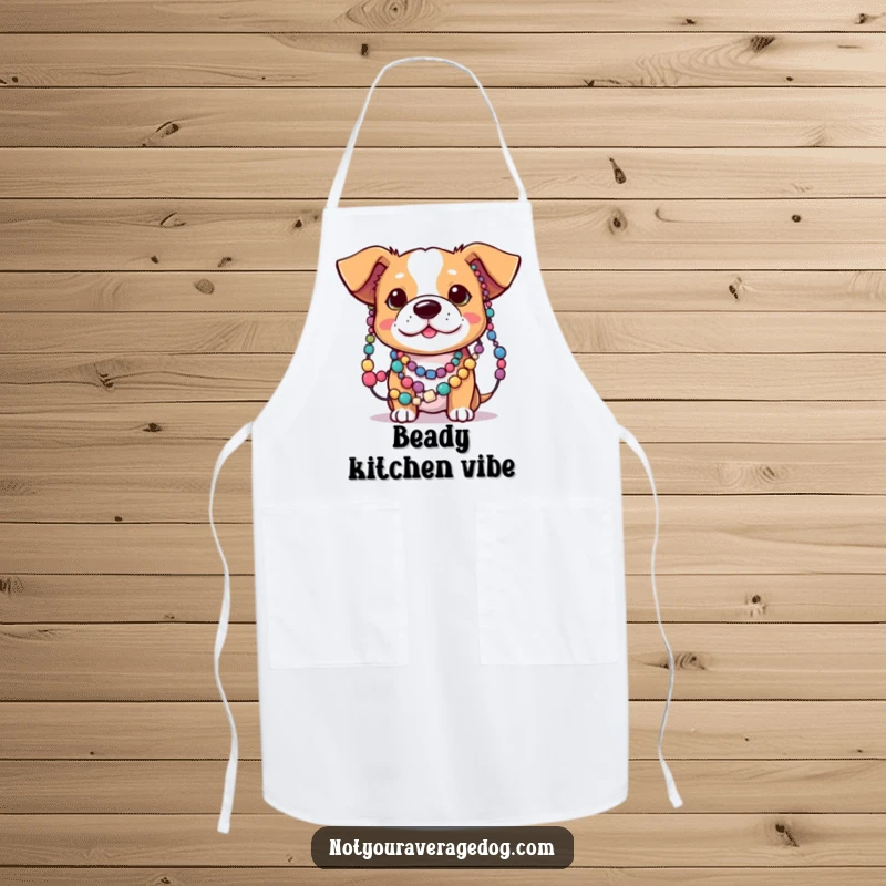 Funny kitchen apron with a dog’s ears tangled in colorful beads, designed for cooks who enjoy whimsical and pet-themed items.