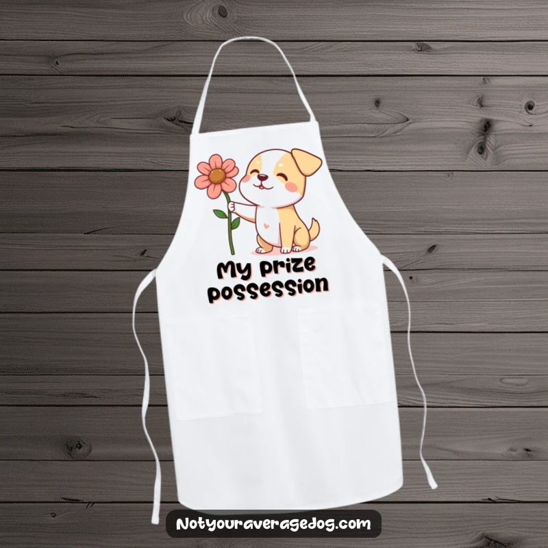 Funny dog presenting a large, squashed flower on a kitchen apron, symbolizing loving effort and culinary cheer.