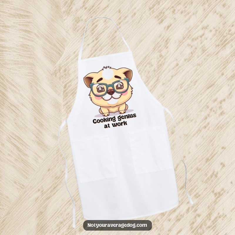 Funny dog glasses apron, a silly dog character with oversized glasses and a crooked grin, adding humor to cooking.
