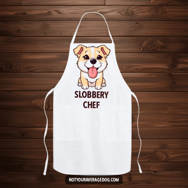Funny Apron: Dog with tongue sticking out sideways and eyes crossed, a humorous and practical kitchen accessory for dog lovers.