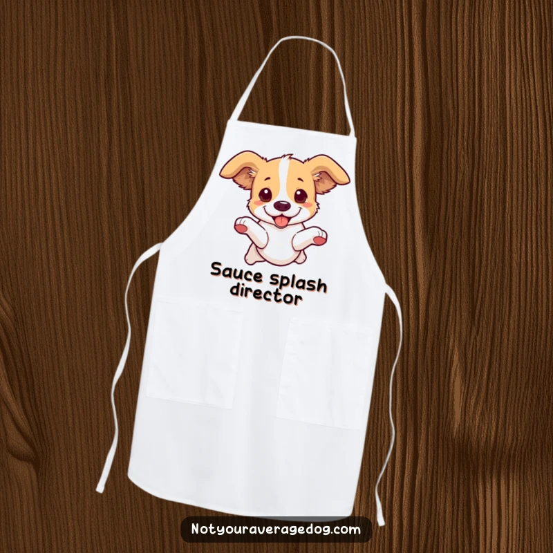 Funny Dog Leaping Apron: A dog's energetic leap with ears flopping, adding humor to cooking chores.