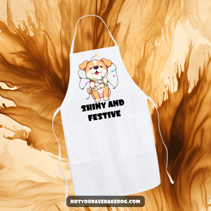 Funny Apron featuring a dog playfully tangled in colorful lights, ideal for festive cooking and baking.