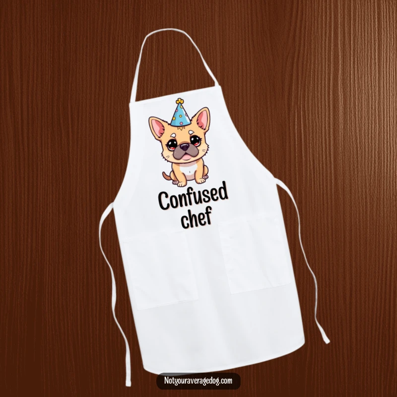 Funny Dog Party Hat Apron: A dog wearing a party hat, looking comically bewildered while you cook.