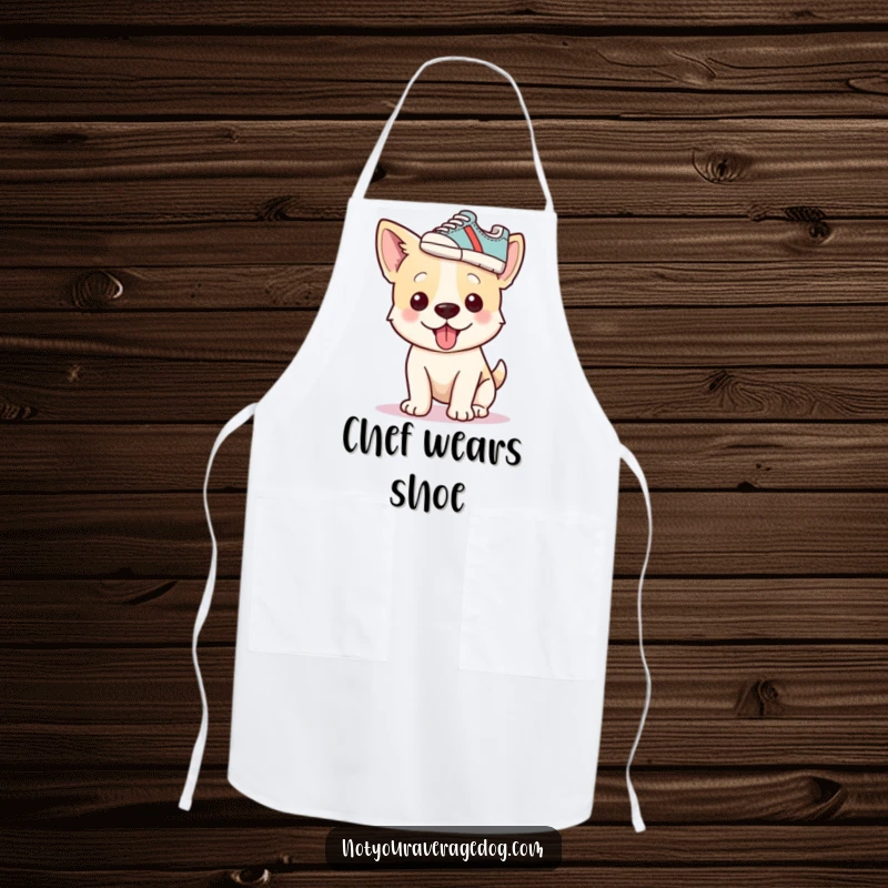 Funny dog wearing a shoe as a hat on a kitchen apron, designed for humorous cooking.
