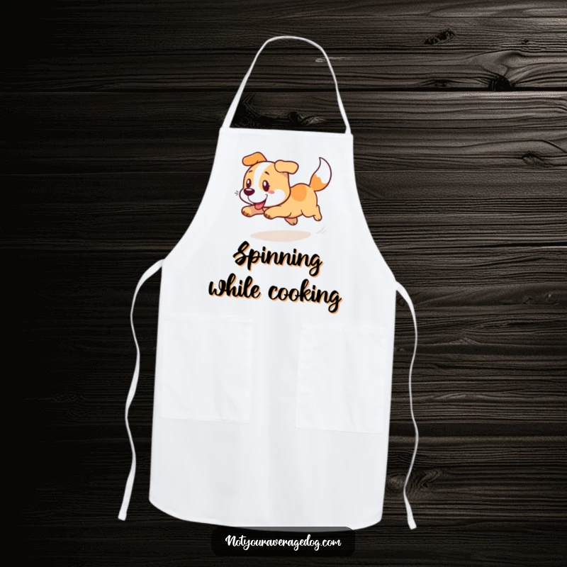 Funny kitchen apron featuring a dog in a comical, dizzying spin while chasing its tail.