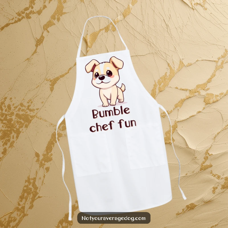 Funny dog with ears flopping comically on a kitchen apron, designed for humorous cooking.