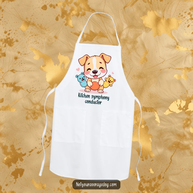 Funny dog apron featuring a character juggling three squeaky toys, perfect for playful cooks.
