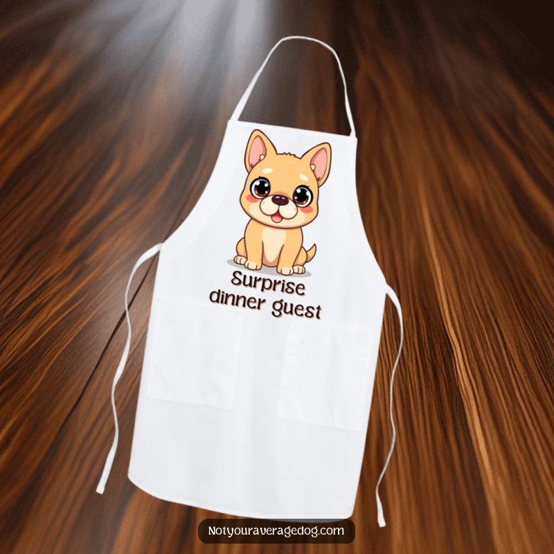 Funny Dog Apron: Dog face shows comical surprise with huge, wide-open eyes, a humorous kitchen accessory.