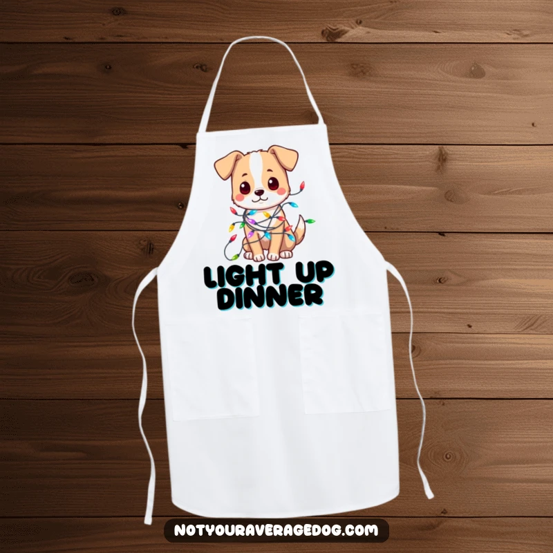 Funny apron showing a dog hilariously tangled in colorful festive lights, bringing holiday fun to the kitchen.