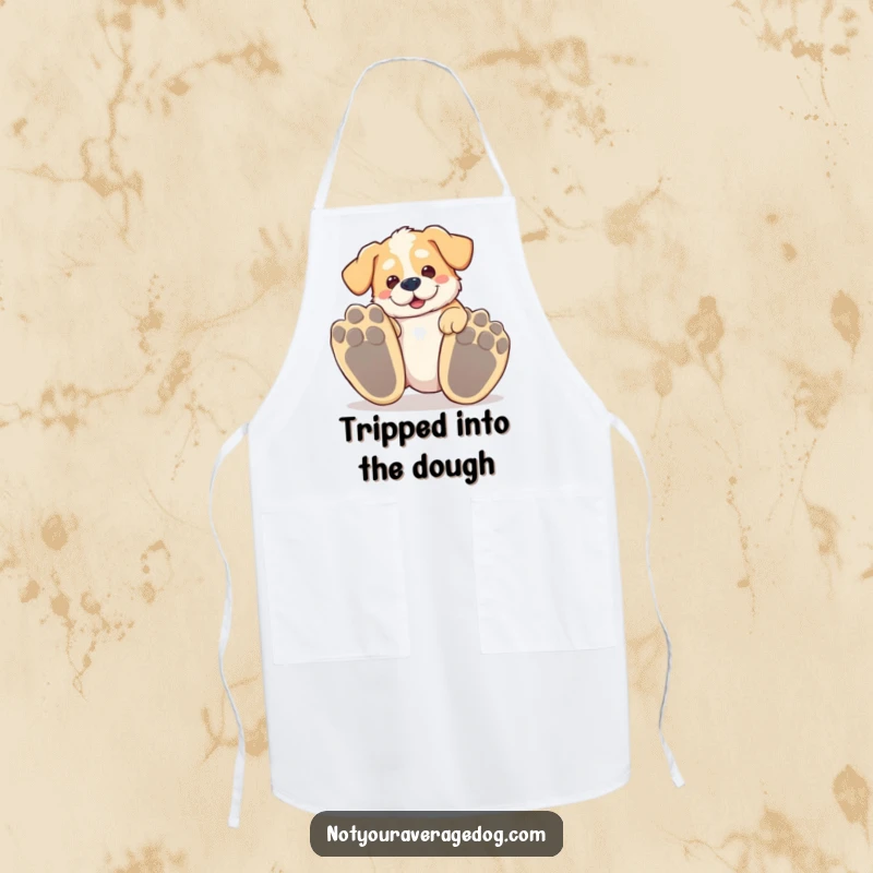 Funny tripping dog apron, a silly dog tripping over its large paws, perfect for kitchen humor.