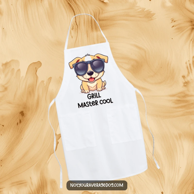 Funny apron with a dog wearing oversized, goofy sunglasses and a big grin, bringing cool humor to the kitchen.