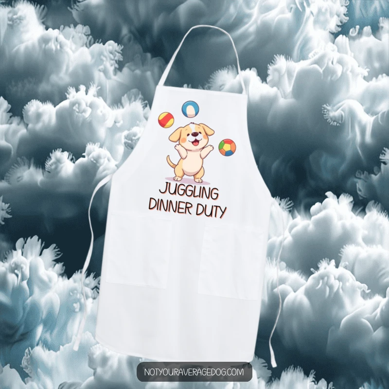 Funny dog character attempting to juggle three mismatched, brightly colored balls, a humorous and practical apron for chefs.