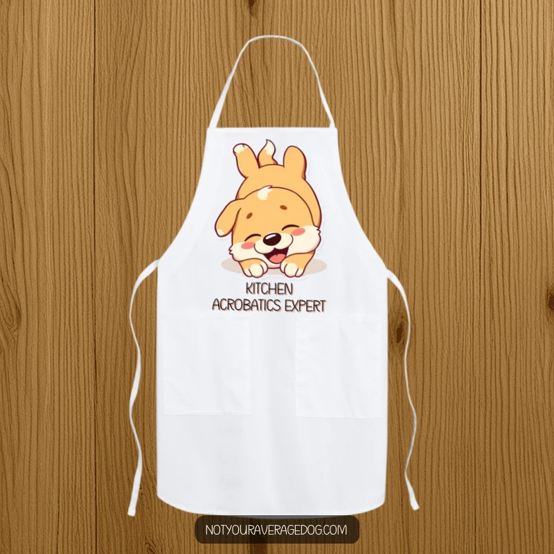 Funny dog apron showing a happy dog tumbling head over paws with a joyous expression, ideal for cheerful cooking.