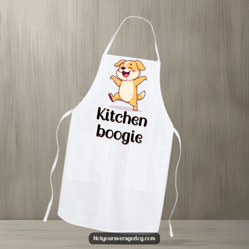 Funny apron with a dog performing a highly exaggerated and clumsy dance, ideal for the lighthearted cook.