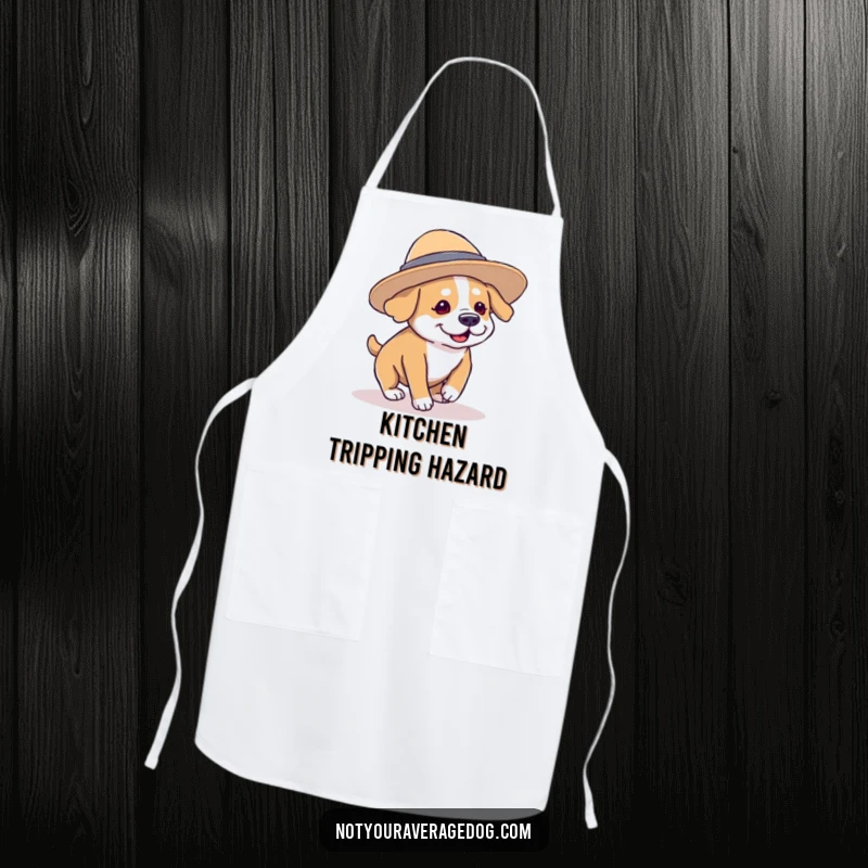 Funny dog character wearing a comically oversized hat and tripping over its paws, a humorous and practical apron for chefs.