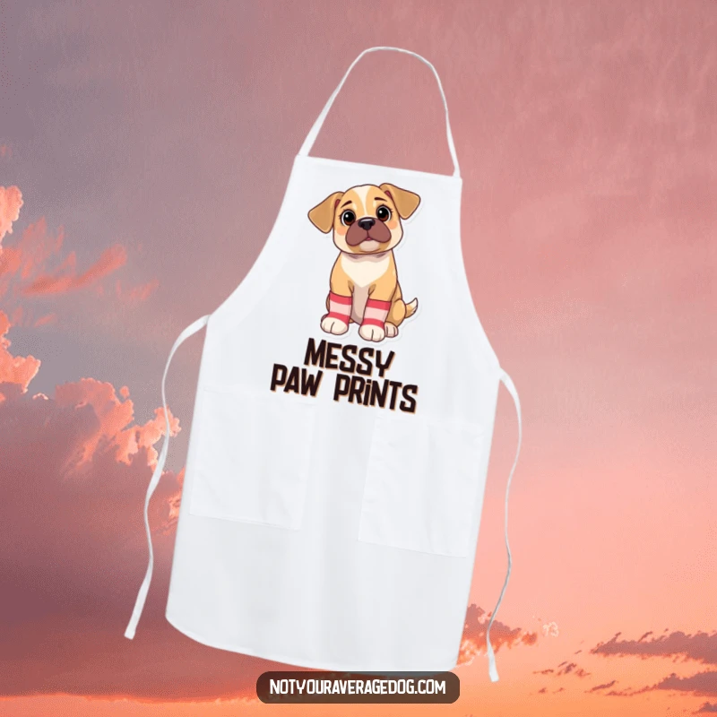 Funny Apron: Bewildered puppy wearing oversized, mismatched socks, a humorous and practical kitchen accessory for dog lovers.