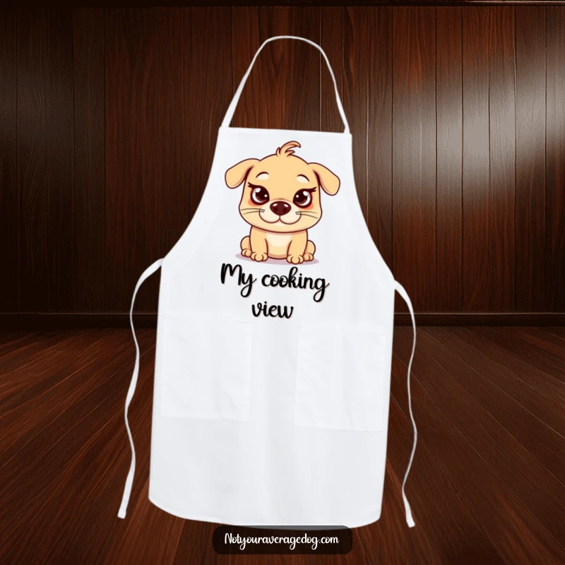 Funny crossed eyes dog apron, a silly dog making an exaggerated funny face, eyes crossed, kitchen humor.
