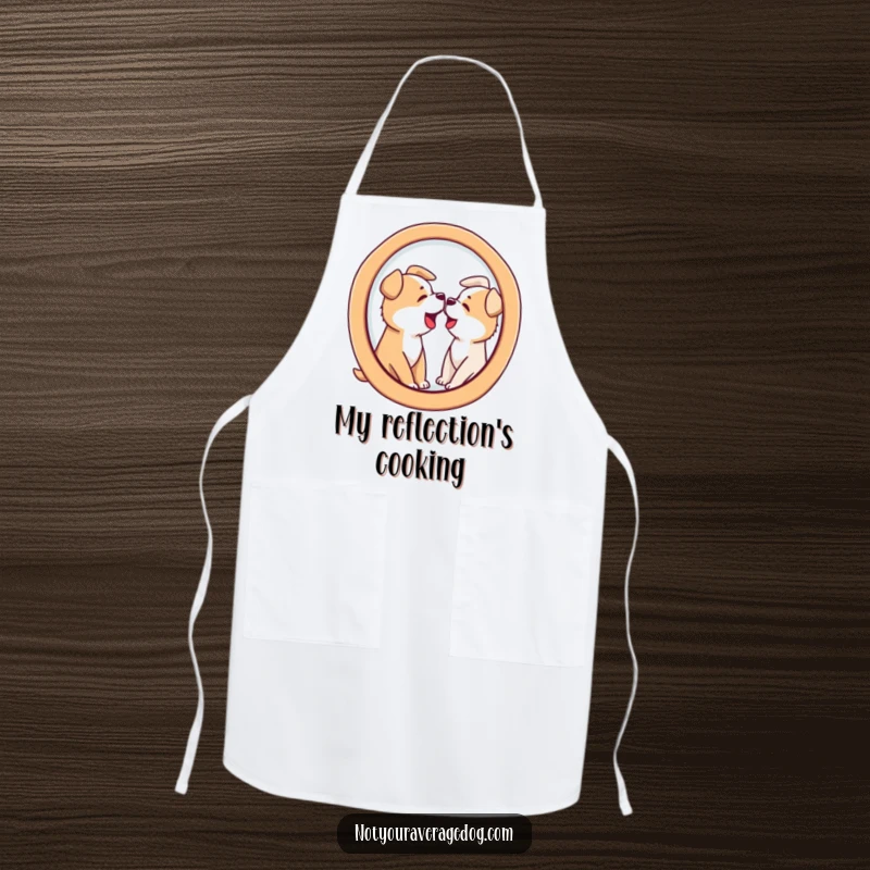 Funny kitchen apron with a dog barking at its distorted reflection in a funhouse mirror, designed for cooks who enjoy humor.