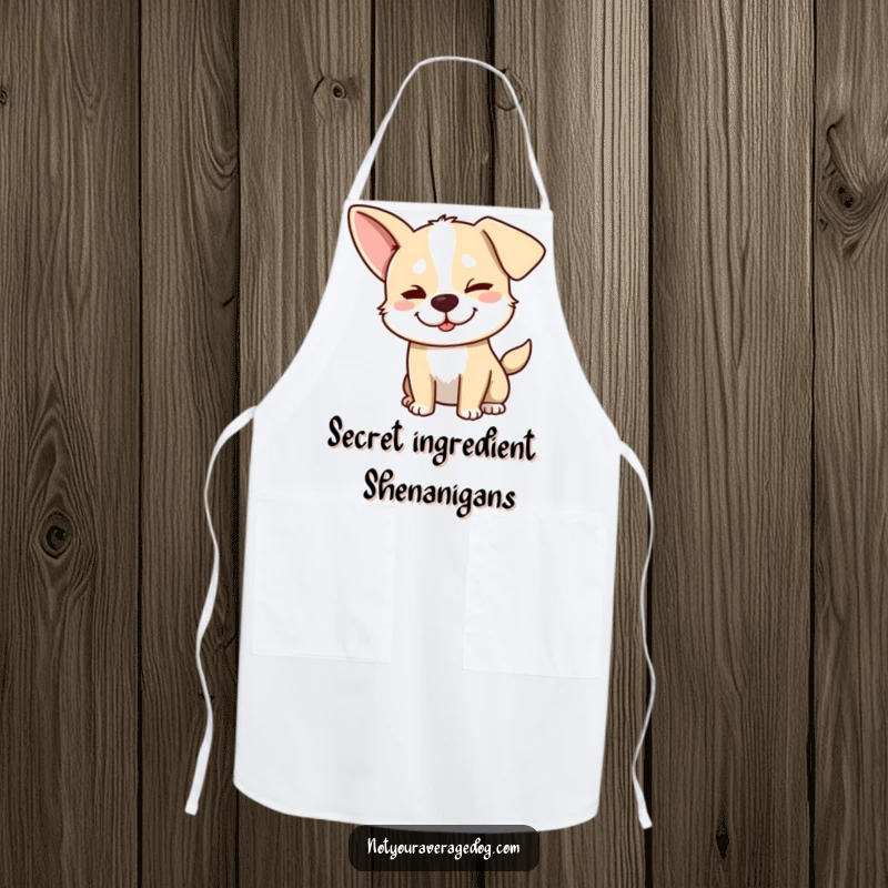 Funny dog apron showing a silly dog with one ear flopped and a mischievous wink, ideal for humorous cooking.