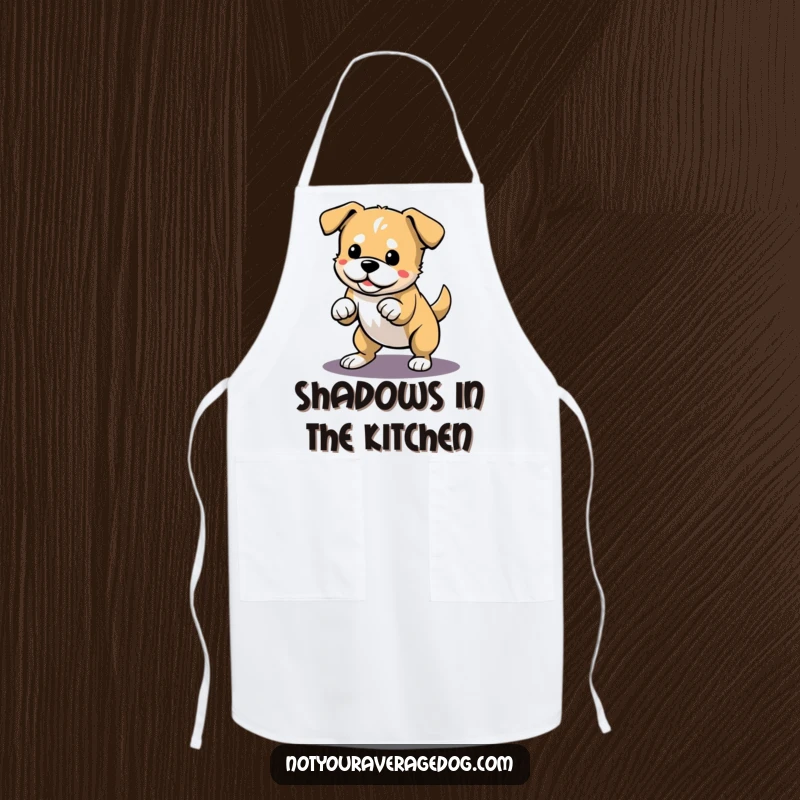 Funny apron with a dog playfully pouncing on its shadow, ready for kitchen adventures.