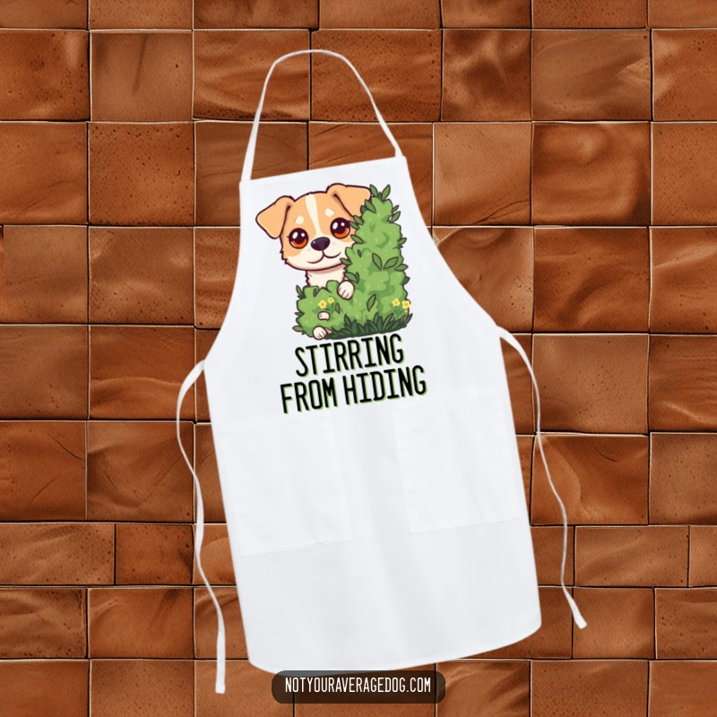 Funny Apron showing a dog with comical googly eyes peeking from behind a bush, adding humorous flair to culinary creations.