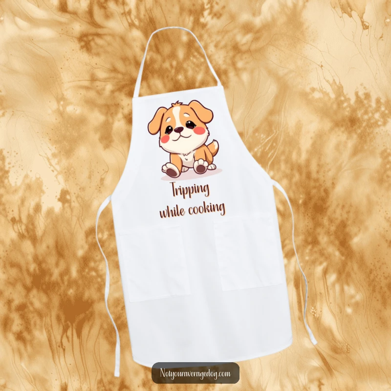 Funny dog apron featuring a character tripping over its own feet with a comical expression, perfect for cooks.