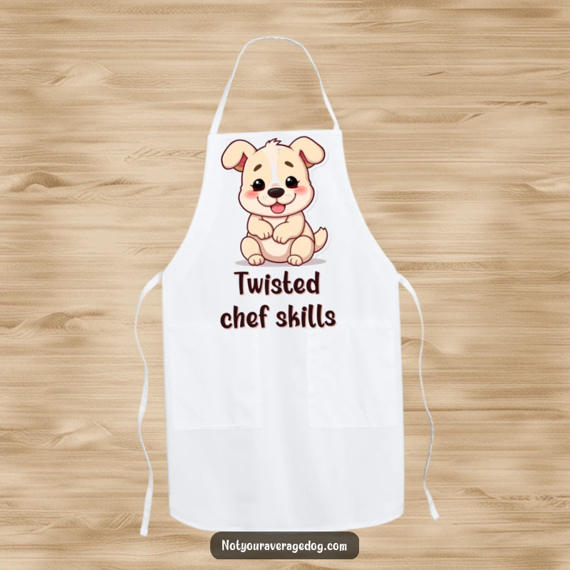 Funny dog twisted into a pretzel shape on a kitchen apron, ideal for humorous culinary adventures.