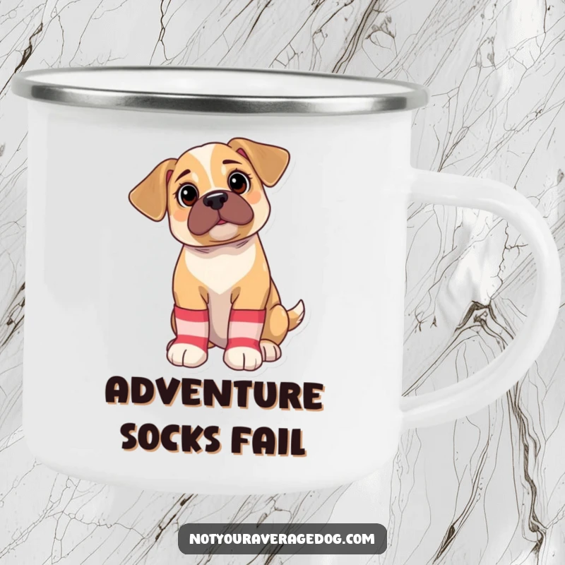 Funny Camping Mug: Bewildered puppy wearing oversized, mismatched socks, ready for outdoor fun and humorous moments.