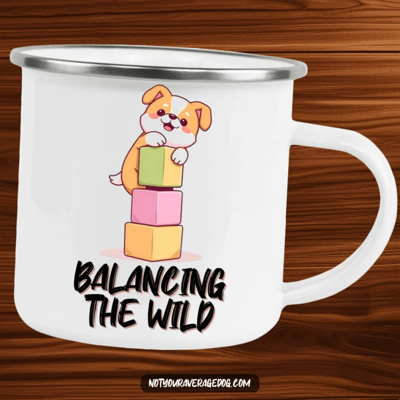 Funny camping mug featuring a dog hilariously trying to balance a tower of wobbly cubes in an outdoor setting, perfect for adventure.