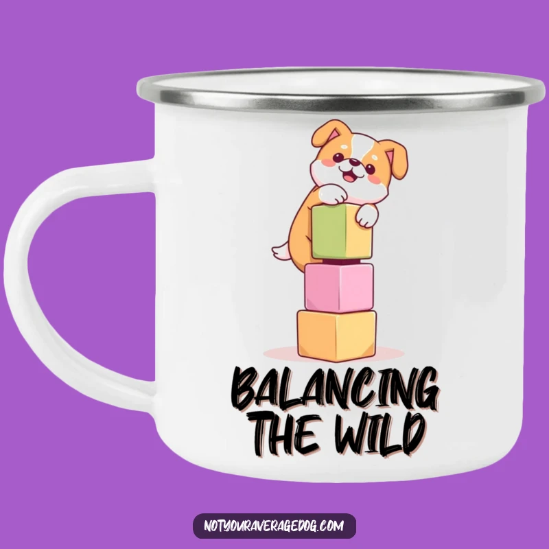 Funny Dog Balancing Cubes Camping Mug: Adventure Humor for Outdoors