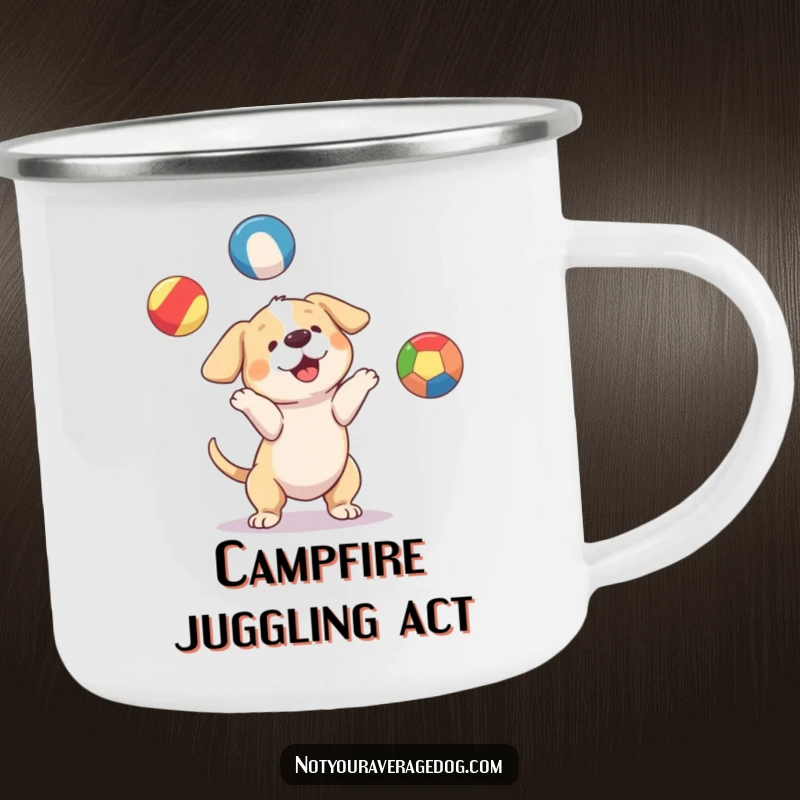 Funny dog attempting to juggle three mismatched, brightly colored balls, a durable and amusing camping mug for outdoors.