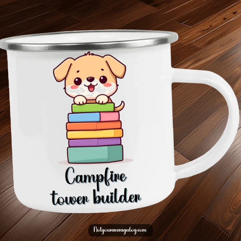 Funny dog camping mug featuring a character precariously balancing a stack of colorful blocks, ready for adventure.