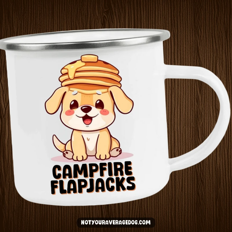 Funny camping mug with a dog comically balancing a stack of pancakes on its head, durable for outdoor breakfast fun.