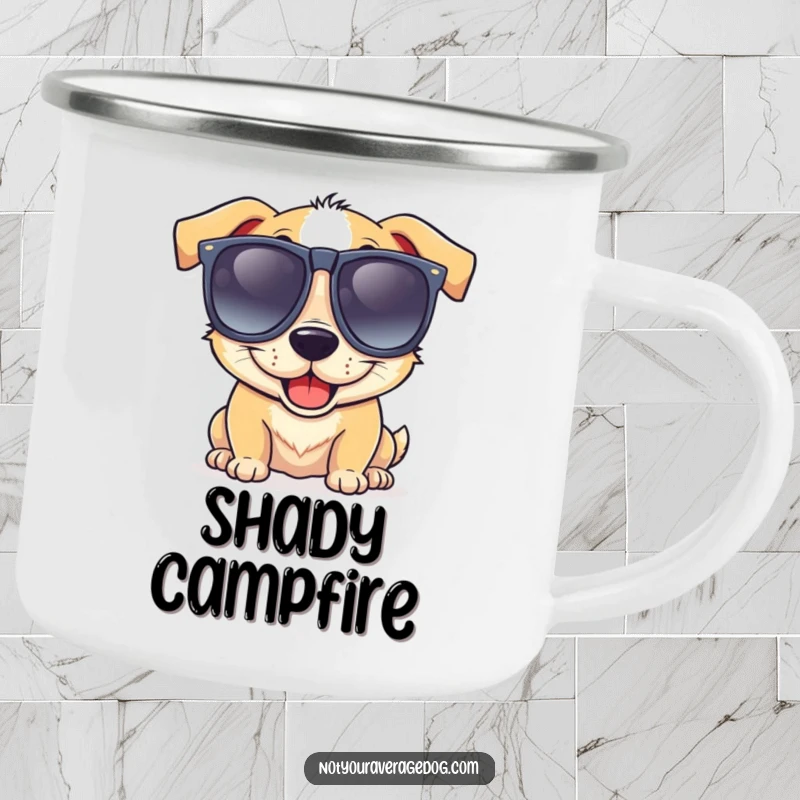 Funny camping mug with a dog wearing oversized, goofy sunglasses and a wide grin, durable for outdoor fun.