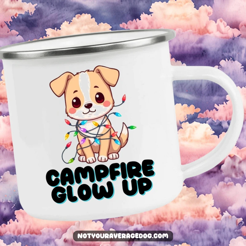 Funny camping mug with a dog endearingly tangled in colorful festive lights, durable for outdoor holiday celebrations.