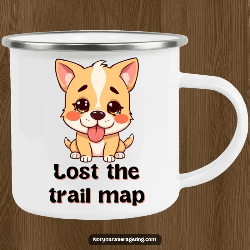 Funny confused dog camping mug, a silly dog with tongue sticking out, looking bewildered in the wild.