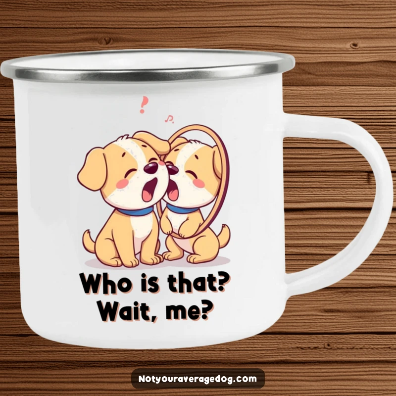Funny camping mug showing a dog barking at its reflection, capturing a moment of delightful confusion in the great outdoors.